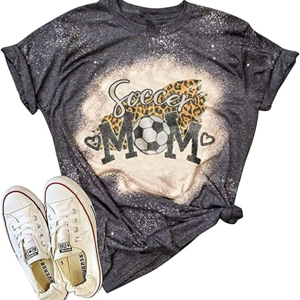 Leopard Soccer Mom Bleached T-Shirt - Womens Funny Letter‎ Printed Graphic Shirt